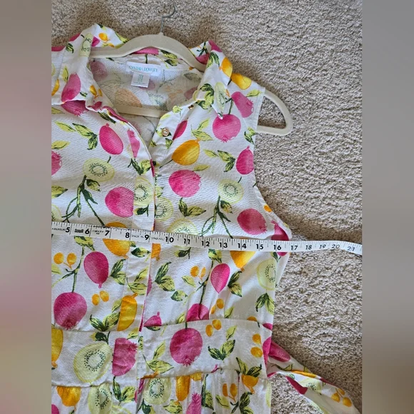 Cynthia Rowley Linen Blend Dress 8 Sleeveless Button Front Fruit Print Belted - Picture 8 of 11